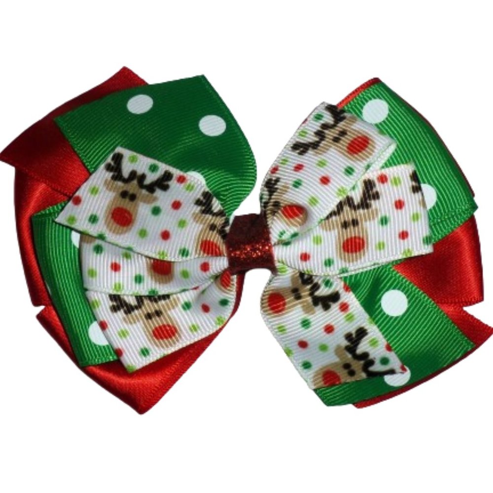 Christmas Rudolph Reindeer Buffalo Plaid Girls 4.5-Inch Hair Bow Clip